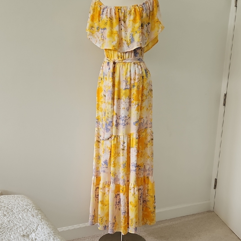 Let Them Eat Cake Off-the-Shoulder Tiered Maxi Skirt Flowy Yellow Size Large